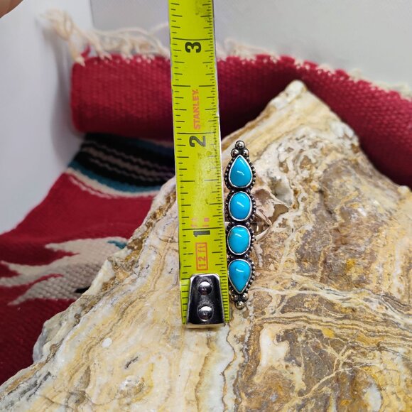 Southwest Sterling Silver Turquoise Long Blossom Ring Size 7.5 Knuckle Ring - Picture 3 of 6